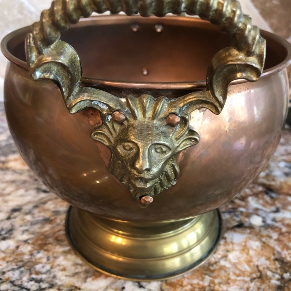 Other - Vintage Copper Compote Bowl With Exaggerated Brass Rams Head Handles